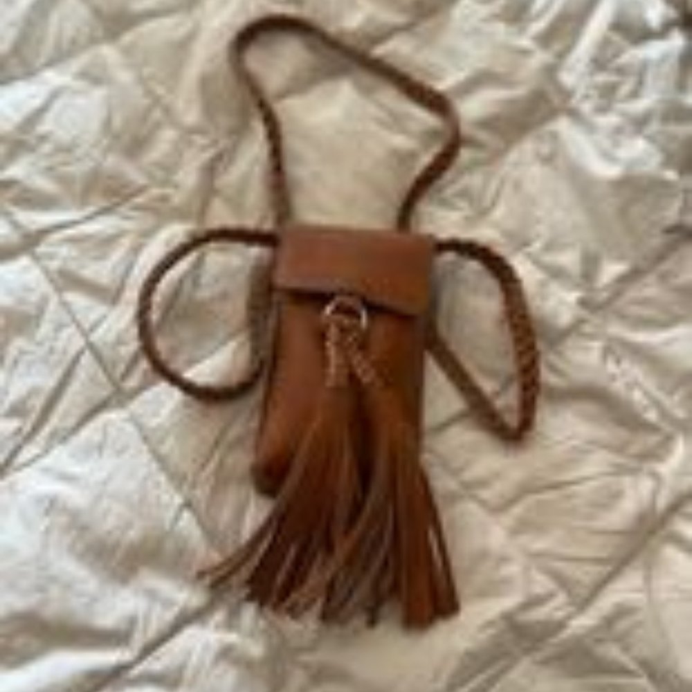 Brown leather fringed phone purse